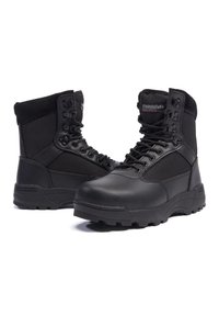 Black waterproof boots with a mix of leather and textile, featuring lace-up front, padded collar, and rugged traction outsole.