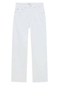 Jean blanc droit en coton. Caractéristiques : fermeture éclair, bouton en métal, et cinq poches avec des détails en métal argenté.