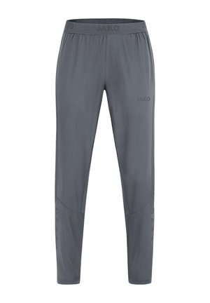 Grijze sportbroek van soepel, lichtgewicht materiaal. Heeft een elastische tailleband, taps toelopende pijpen en branding aan de voorkant.