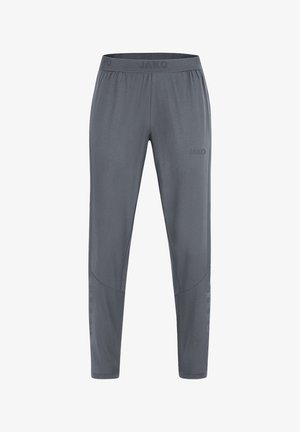 Graue Sporthose aus einem glatten, leichten Material. Mit elastischem Bund, schmal zulaufenden Beinen und Branding auf der Vorderseite.