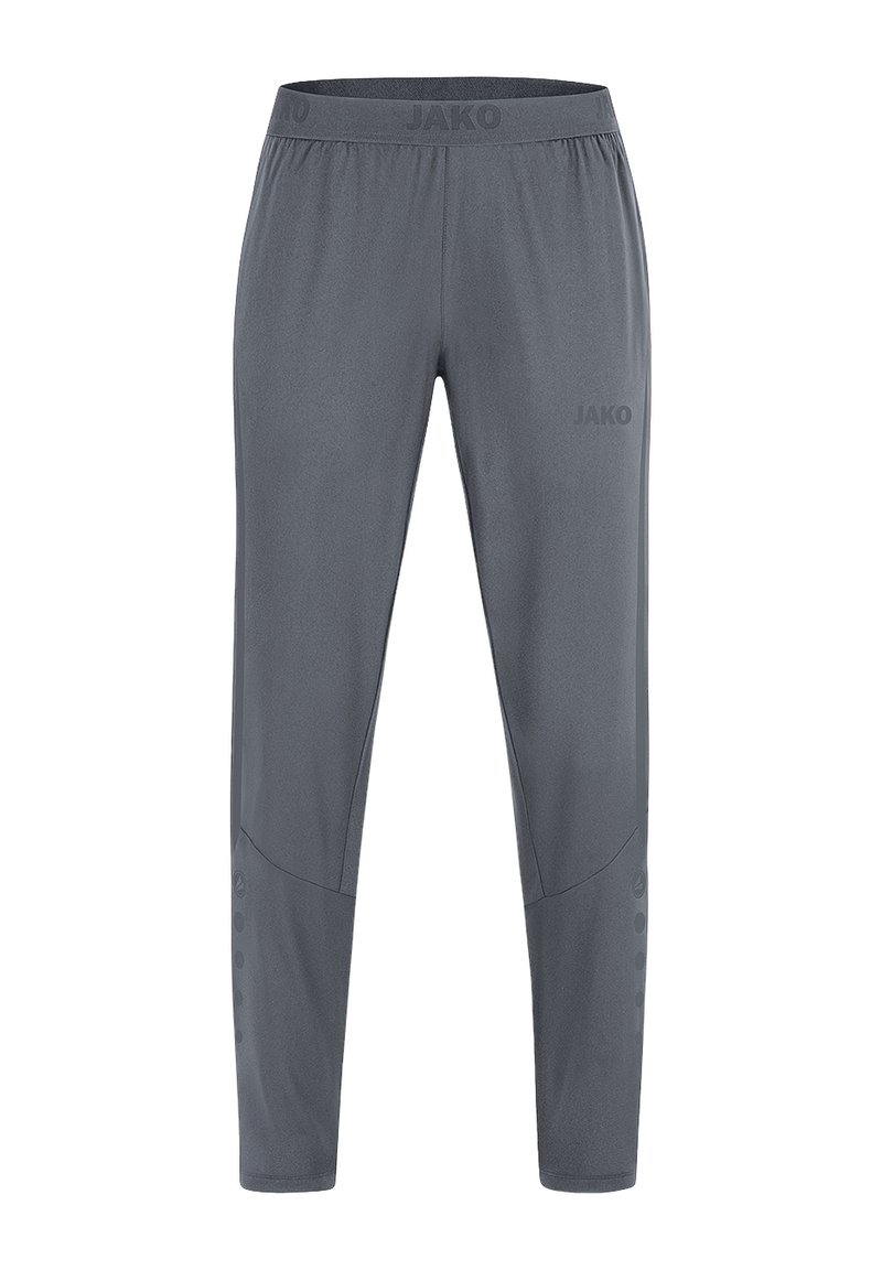Graue Sporthose aus einem glatten, leichten Material. Mit elastischem Bund, schmal zulaufenden Beinen und Branding auf der Vorderseite.
