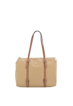 Borsa a mano rettangolare beige con due lunghe tracolle regolabili marroni e un piccolo logo metallico al centro davanti.