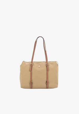 Borsa a mano rettangolare beige con due lunghe tracolle regolabili marroni e un piccolo logo metallico al centro davanti.