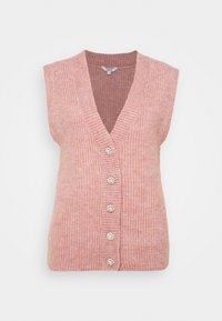 Canotta senza maniche in maglia a coste di colore rosa pallido, con profondo scollo a V e cinque bottoni decorativi con finitura lucida lungo la parte anteriore.