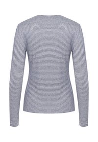 A hosszúujjú felső kerek nyakkivágással és hátoldalon látható. Puha anyagból készült, tengerészkék és fehér vízszintes csíkokkal.