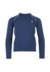 Rash guard à manches longues bleu marine en tissu extensible, avec un col montant et des coutures contrastantes le long des coutures. Logo de montagne sur la poitrine.