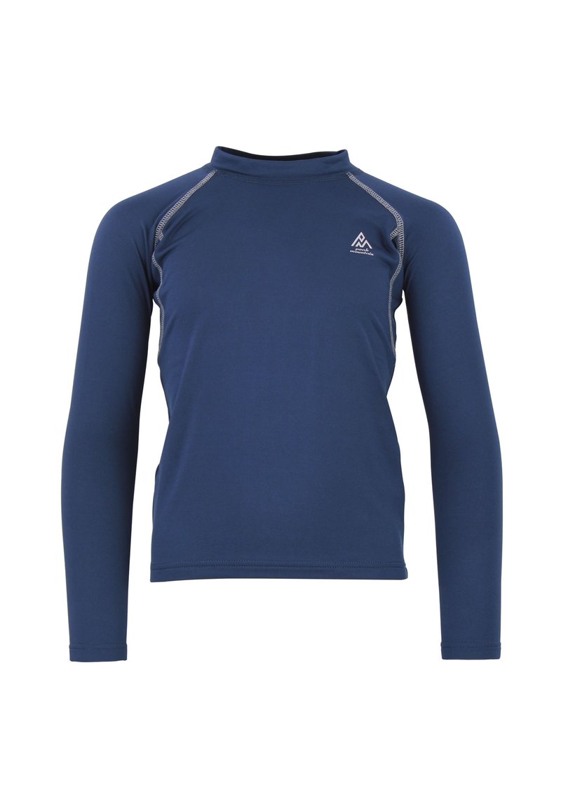 Rash guard à manches longues bleu marine en tissu extensible, avec un col montant et des coutures contrastantes le long des coutures. Logo de montagne sur la poitrine.