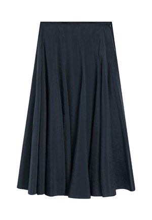 Jupe midi noire taille haute, coupe évasée en forme de A, avec de doux plis et une légère brillance, dotée d'une fermeture éclair latérale.