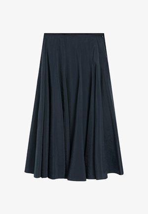 Gonna midi nera, a vita alta, linea ad A con morbide pieghe e una leggera lucentezza, con chiusura laterale a cerniera.