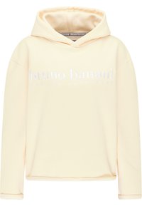 Lichtgele hoodie van zacht materiaal, met op de voorkant een witte logo-tekst "bruno banani NOT FOR EVERYBODY" en een klassieke capuchon.