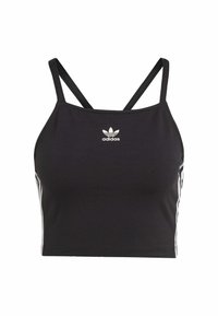 Top corto atlético negro con tirantes delgados cruzados, que presenta el logo blanco de Adidas y rayas laterales para un diseño deportivo. Textura de tela suave.