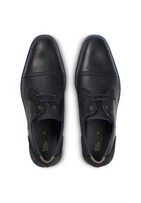 Zwarte leren schoenen met een gladde afwerking, voorzien van blauwe stiksels, een textielpaneel en een ronde neusdesign.