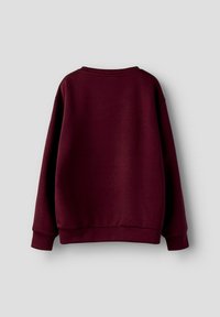 Sudadera burdeos de corte relajado, cuello redondo, hombros caídos y puños acanalados. Textura suave, sin estampados ni gráficos.