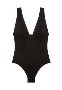 Svart ärmlös bodysuit med djup V-ringning och tryckknappar vid gren, mjukt tyg, figursydd silhuett.