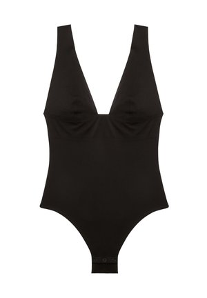 Body nero senza maniche con scollatura a V profonda e chiusure a scatto all'inguine, tessuto liscio, silhouette aderente.