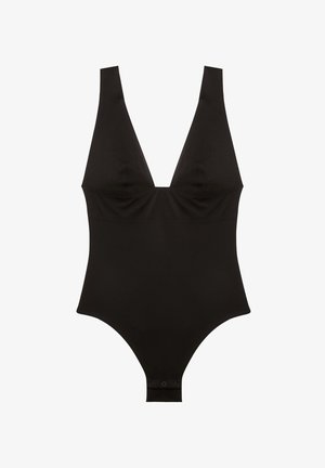 Zwart mouwloos body met diepe V-hals en drukknoopsluitingen bij het kruis, gladde stof, aansluitende silhouet.