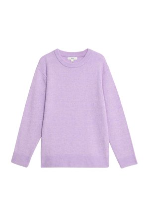 Lichtpaarse gebreide trui met een ronde hals, lange mouwen en geribbelde boorden en zoom. Zachte textuur en losvallend model.