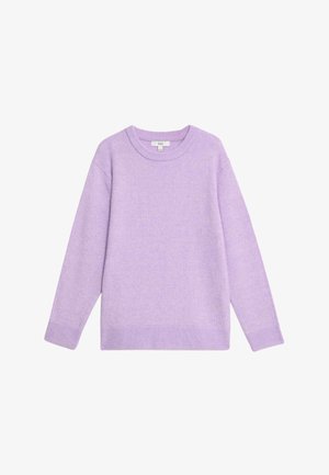 Hellvioletter, gestrickter Pullover mit rundem Ausschnitt, langen Ärmeln und gerippten Bündchen sowie Saum. Weiche Textur und lockeres Design.