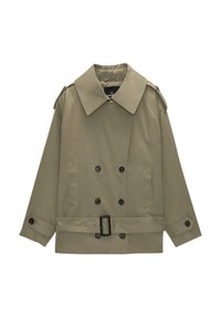 Khaki dubbel-gebreide trenchcoat met brede kraag, schouderepauletten, twee voorzakken en een riem in de taille. Glad stofoppervlak.