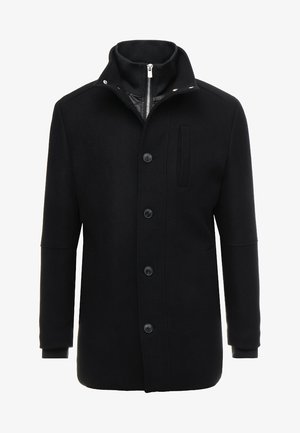 Zwarte wollen mantel met een hoge kraag, rits- en knoopsluiting, en zijzakken. Glad textuur met een getailleerde pasvorm en minimale accenten.