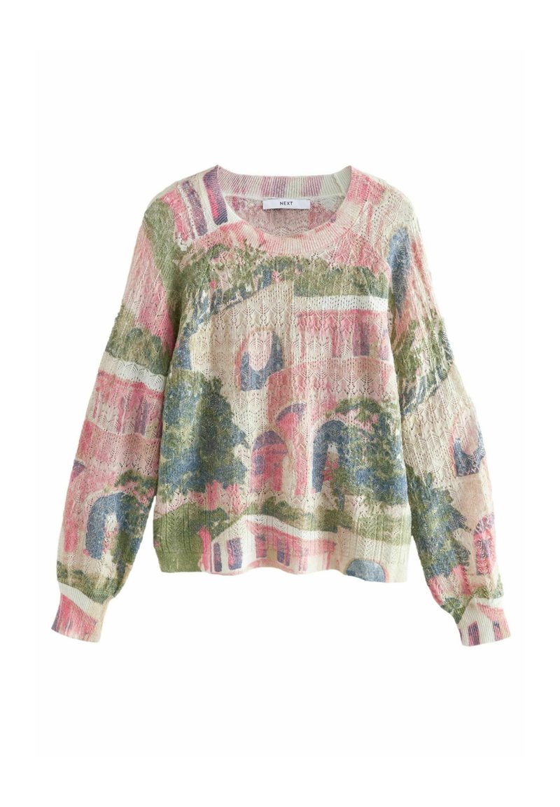 Pull léger en maille avec des motifs abstraits d’architecture et de nature en rose, vert et bleu, doté de manches longues et d’un col rond.