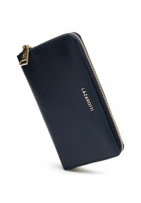Navy leather wallet with a textured surface, featuring a gold zipper and branded logo on the side. Rectangular shape for easy carrying.