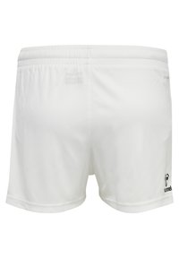 White athletic shorts with an elastic waistband, featuring a smooth texture and a small black logo on the bottom right side.