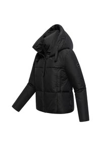 Black puffer jacket with a high collar and oversized hood. Features quilted sections, zip closure, and a logo patch on left sleeve.