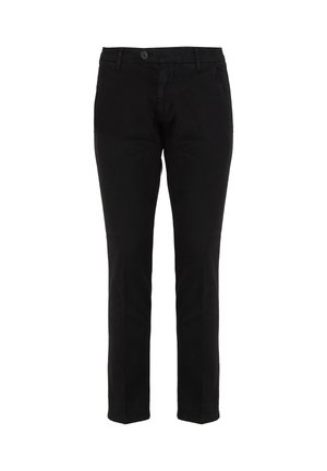 Pantaloni neri in cotone con taglio dritto, dotati di chiusura con bottone, passanti per cintura e tasche frontali. Tessuto liscio e colore solido.