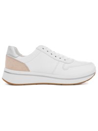 White low-top sneaker with beige suede heel, silver accent, white laces, and gum rubber sole, viewed from the outer side.