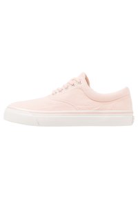 Růžové plátěné tenisky s gumovou podrážkou, plochými tkaničkami a kovovými očky. Nízkoprofilový design s kulatou špičkou a minimalistickými švy.