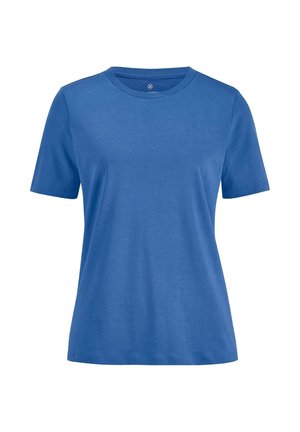 Blaues kurzärmliges Baumwoll-T-Shirt mit Rundhalsausschnitt, geradem Saum und einfacher Naht, dargestellt vor weißem Hintergrund.