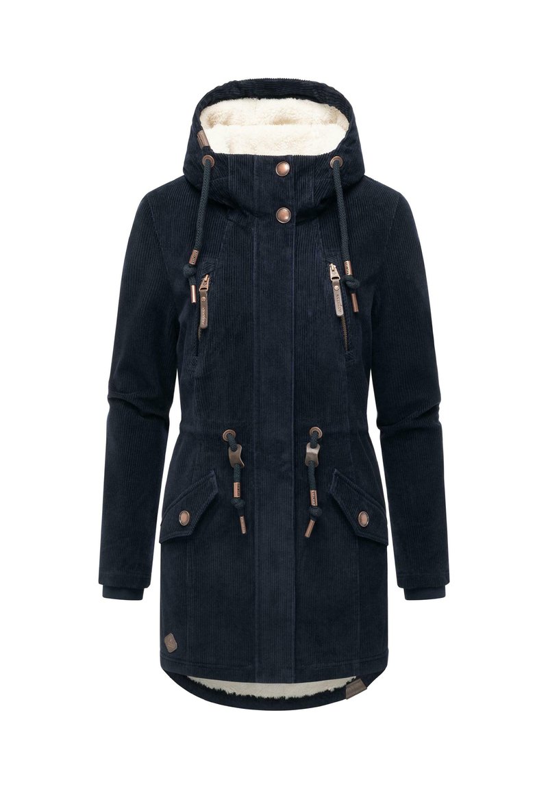 Mörk marinblå kordjacka med fodrad huva i päls. Har kopparfärgade knappar, dragsko och två framfickor med lock.