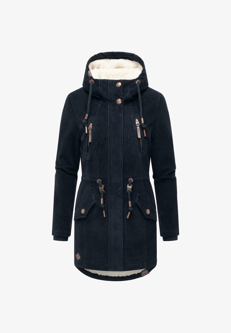 Mörk marinblå kordjacka med fodrad huva i päls. Har kopparfärgade knappar, dragsko och två framfickor med lock.