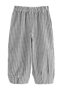 Schwarz-weiß karierte Gingham-Hose mit elastischem Bund, weitem Bein und leichtem Stoff.