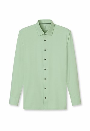 Hellgrünes Herrenhemd mit langen Ärmeln, ausgestelltem Kragen und schwarzen Knöpfen an der Vorderseite.