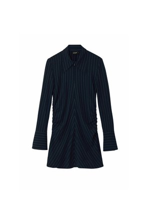 Námornícke šaty s vertikálnymi bielymi pruhmi, dlhými rukávmi, veľkým golierom a bočnými riaseniami, s rozšíreným dizajnom rukávov.