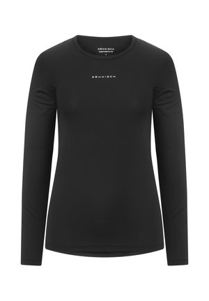 Zwarte longsleeve top van textuurstof, met een ronde halslijn en een logo in het midden van de voorkant. Eenvoudig, aansluitend ontwerp.