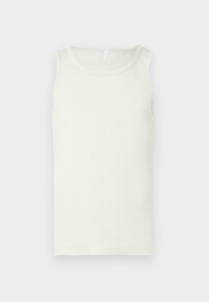 White cotton tank top with a rounded neckline, wide shoulder straps, and a fitted shape. Smooth texture, no patterns or accents.