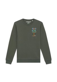 Donkergroene sweatshirt met lange mouwen, ronde halslijn, met een kleurrijke grafische afbeelding van richtingsborden en natuur elementen op de borst.