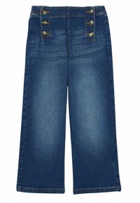 Sötétkék farmer culotte nadrág, puha tapintással. Négy díszgombbal a derékrészén és kontrasztos varrással az egész anyagon.