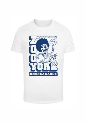 Hvid bomuld T-shirt med et blåt cartoon grafik af en basketballspiller med afro, tekst "ZOO YORK UNBREAKABLE," og "New York City Dunkers."
