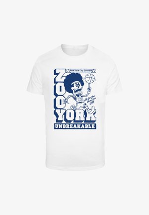 Fehér pamut Póló, amelyen egy kék karikatúra grafika látható egy afro hajú kosárlabdázóról, a "ZOO YORK UNBREAKABLE" szöveggel és a "New York City Dunkers" felirattal.