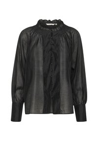 Blusa nera con uno scollo alto a volant, maniche lunghe e chiusura con bottoni. Presenta una leggera lucentezza e una texture arricciata su tutta la superficie.