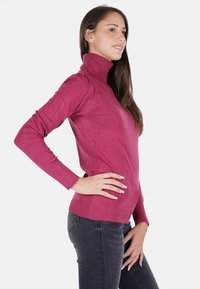 Maglione aderente a collo alto di un rosa intenso. Realizzato in materiale morbido, presenta maniche lunghe, polsini a coste e una superficie liscia.