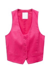 Gilet en lin rose avec un col en V, six boutons et deux poches avant. Le tissu a une texture lisse.