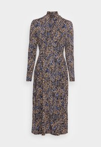 Abito a maniche lunghe in blu scuro, nero e stampa floreale beige. Presenta un collo alto e una silhouette dritta con tessuto fluido.