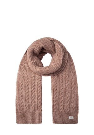 Kabelgebreide sjaal van zachte, lichtroze wol met ribbelige uiteinden en een klein label. De gestructureerde ontwerp zorgt voor een gezellige uitstraling.