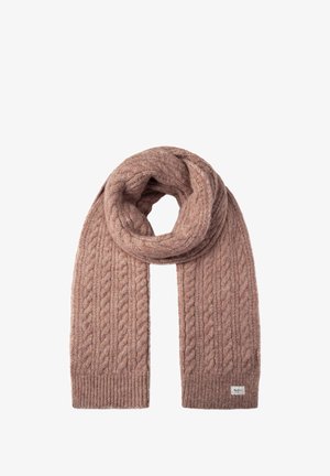 Šal iz cable knit pletenine v mehkem, svetlo roza volnenem materialu z rebrastimi robovi in majhno oznako. Tekstura izdelave ustvarja udoben videz.