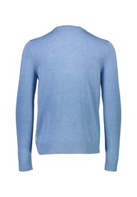 Vaaleansininen neule, pyöreä pääntie, pitkät hihat, pehmeä pinta, resorit hihansuissa ja helmassa, yksinkertainen muotoilu, jossa on pieni logolappu sivussa.